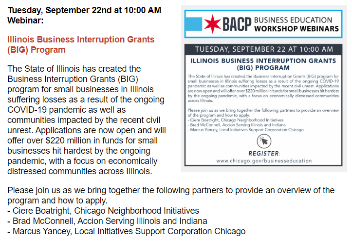 Illinois Business Interruption Grant, Round 2, Open Now — FREE WEBINAR Sept 22